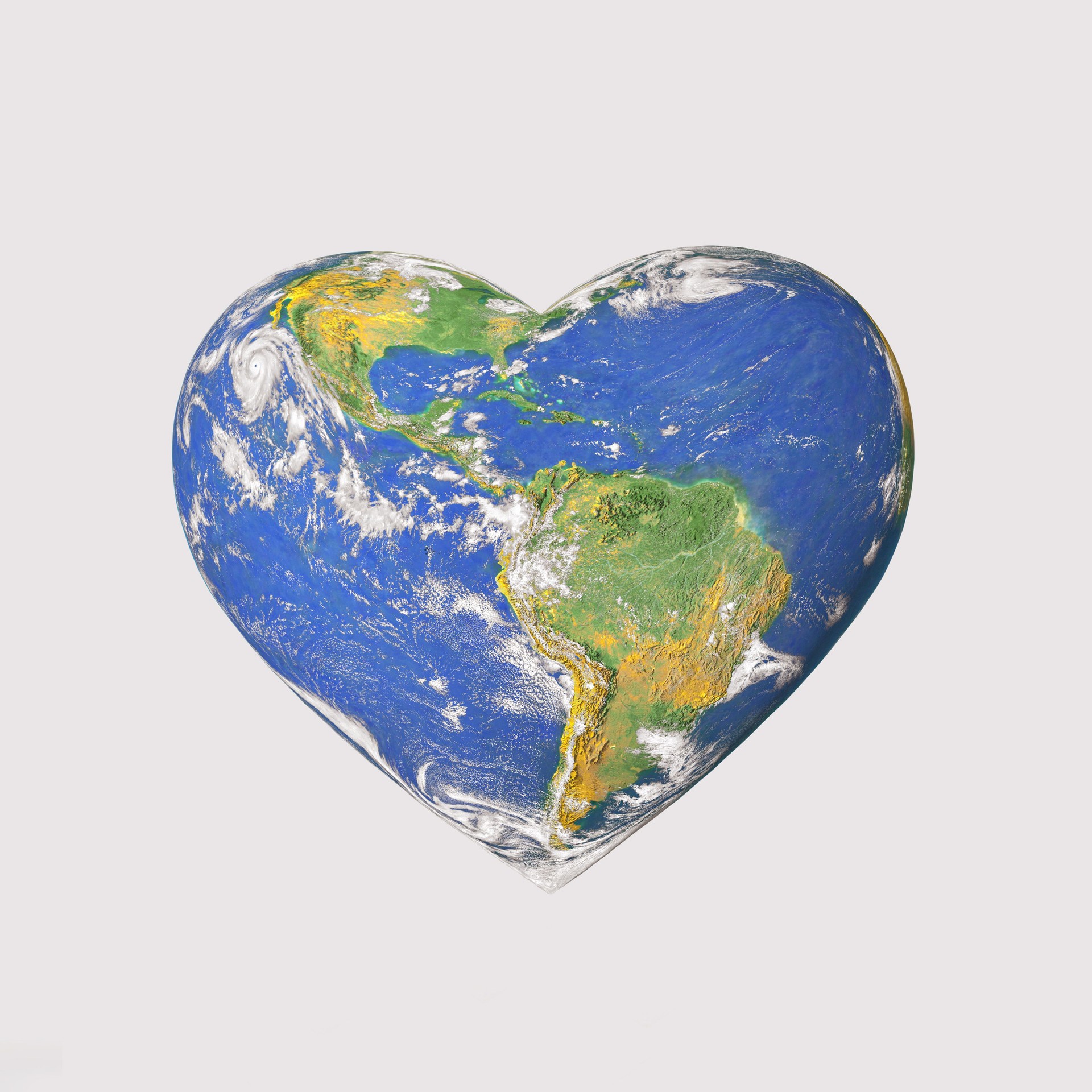 Planet Earth in the shape of heart, isolated pastel white background. Earth Day card. Minimal concept of travel, tourism, sustainability, love, ecology. World provided by NASA: https://earthobservatory.nasa.gov/images/565/earth-the-blue-marble